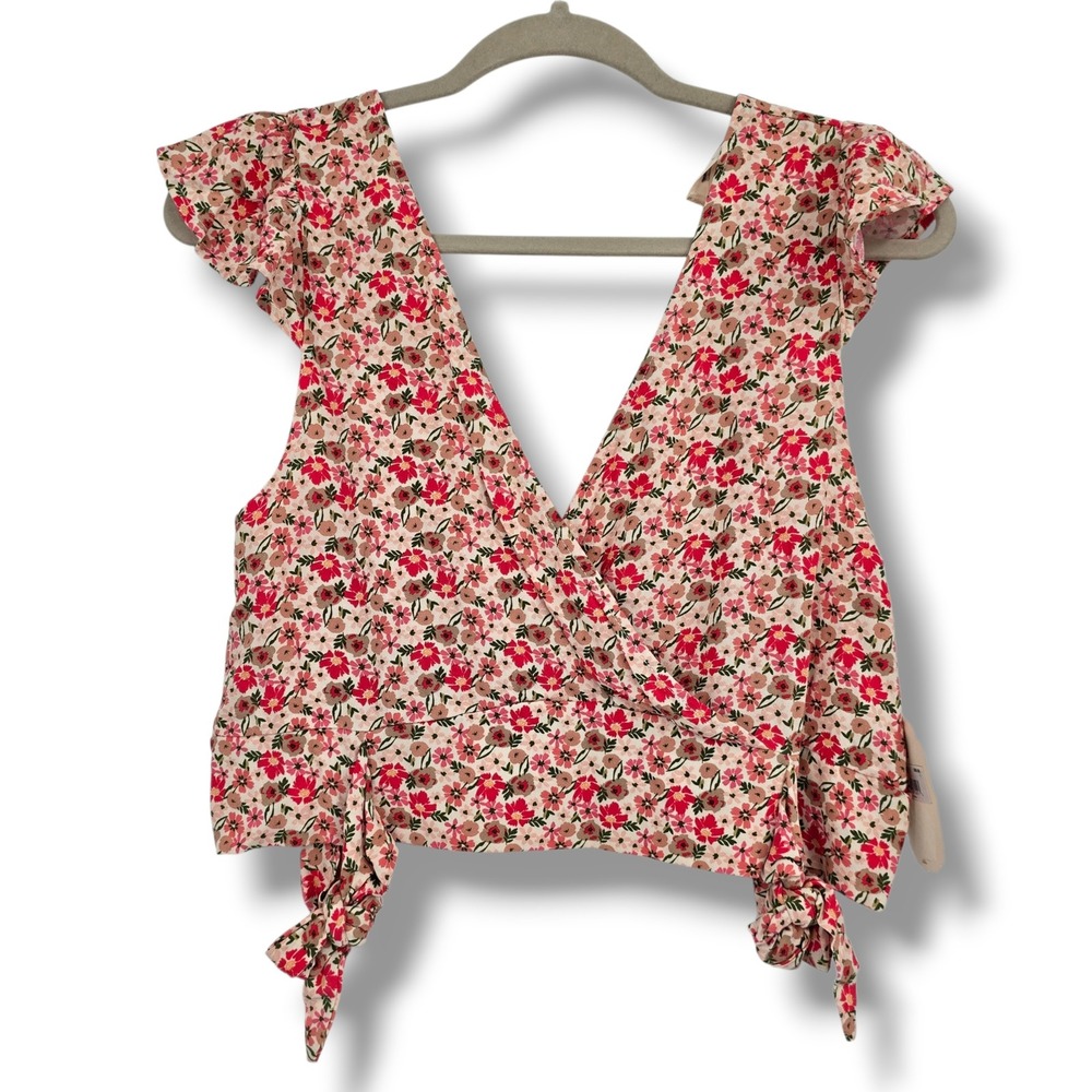 Altar'd State Floral Wrap Crop Top Ivory Pink Ruffle Sleeve Smocked‎ Large NEW